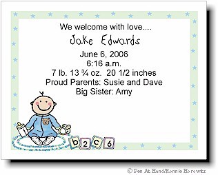 Pen At Hand Stick Figures Birth Announcements - Pajamas - Boy (color)